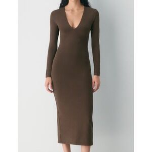 Artizia Babaton Contour V-Neck Long Sleeve Midi Dress Brown XS NWT